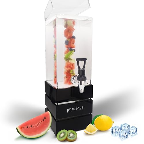 FUSCOS Getränkespender 3L aus Acryl mit Zapfhahn aus Edelstahl - für Kaltgetränke - Wasserspender, Saftspender, drink dispenser, Zapfsäule, Limonadenspender mit Eis und Früchteeinsatz - schwarz