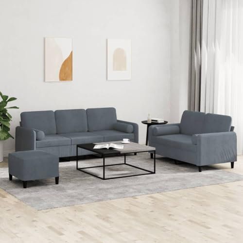 Homgoday 3-TLG. Sofagarnitur mit Kissen Loungesofa Wohnzimmersofa Sofa Couch Doppelsofa Couchgarnitur Gästesofa Moderner Sitzmöbel für Wohnzimmer Büro Dunkelgrau Samt