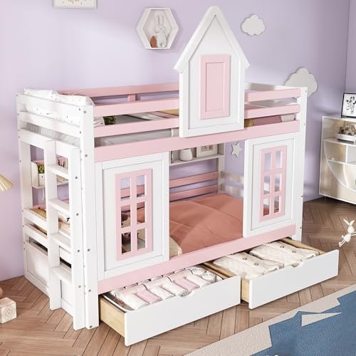 Azkoeesy Litera Infantil Rosa Castillo 90x200cm | 2 Cajones + Estantería | Somier Incluido | Cama de Princesa Infantil para Niños con Protecciones Anticaídas