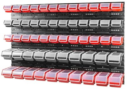 Storage System Wall Shelf 1200 x 800 mm, Pack of 56 Boxes, Stacking Boxes, Storage Boxes, Box with Lid, Extra Strong Wall Plates, Expandable Shelf, Workshop Shelf, Workshop Wall