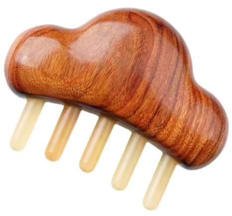 Handgefertigter Holzkamm mit Massagefunktion für Kopfhaut | Braune Ausführung, Horn Elemente, für Spas und Schönheitssalons, Manuelle Anwendung
