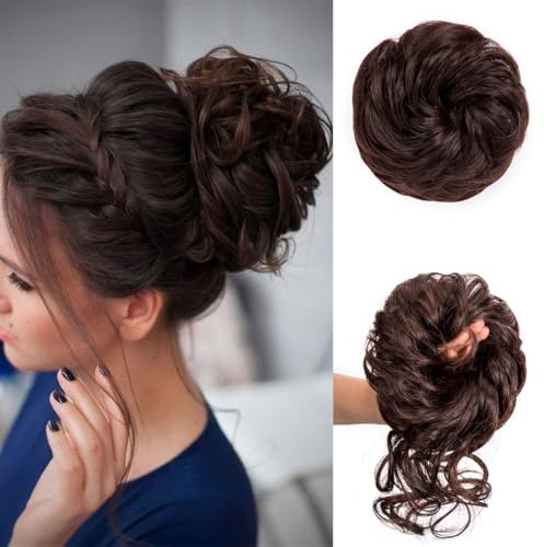 2PCS Messy Bun Hair Piece Tousled Updo Elastic Hair Bun Hair Piece for Women Synthetic Messy Hair Bun (Dark Brown)