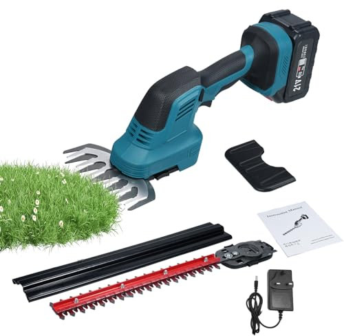 EVTSCAN 21V Cordless Hedge Trimmer and Grass Shear, Rotating Head, Ergonomic Handle, Safety Switch, Blade Guard, for Small Trees, Bushes, and Lawns (UK Plug & 1 Battery)