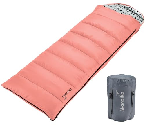 Skandika Sac de Couchage rectangulaire Iceland | Sac de Couchage Adultes, 3 Saisons, 220 x 80 cm, utilisable comme Sac de Couchage Double, Sac de Couchage Camping Chaud (Saumon | Zip à Gauche)
