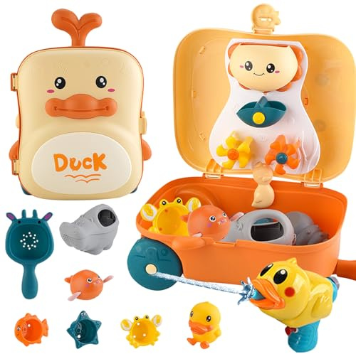 FONDUO Sandspielzeug Koffer Kinder Sandkasten Spielzeug mit Gießkanne Stapelbarer Trichter Wasserpistole, Sand Spielzeug, Wasserspielzeug Sommer, Outdoor Garten Strandspielzeug Geschenk (Ente)