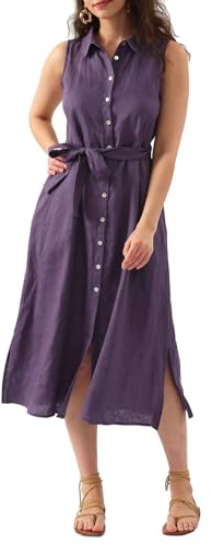 Amazhiyu Robe en lin - Robe chemisier pour femme - Robe chemise maxi - Robe d'été sans manches - Robe d'été - Robe de plage - Robe longue élégante avec poches et ceinture, Violet, XL