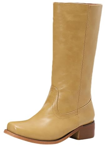 ANUFER Damen Unter dem Knie Cowboystiefel Quadratische Zehenpartie Slip-On Winter Lange Stiefel SN0704201 Gelb EU39