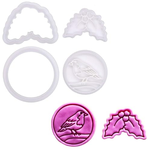BAKERLOGY Holly Days – Mini 2 Ausstechform- und Präge-Set, Fondant-Ausstecher mit Prägestempel – Stechpalmenblatt & Rotkehlchen Designs für Kekse, Cupcakes & Fondantdekorationen zu Weihnachten