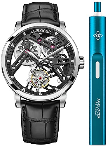 agelocer Orologio da uomo con doppio scheletro a molla libera Tourbillon, quadrante in acciaio inossidabile da 40 mm, riserva di carica 80H, vetro zaffiro, orologi da uomo d'affari, regalo di lusso