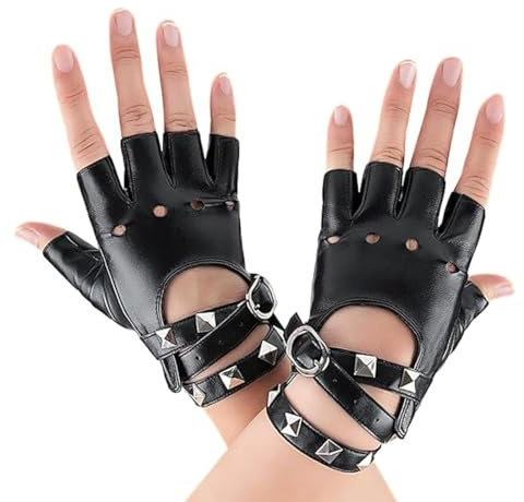 OUDQFCJ Guanti Punk Donna Mezze Dita in Pelle (1 Paio),Guanti Mezze Dita Pelle Gotici con Borchie per Halloween,Ciclismo e Cosplay (Nero)