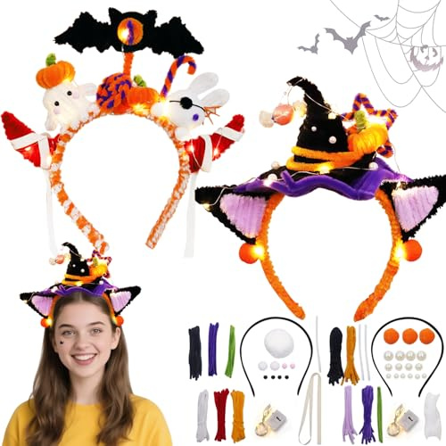 Leonshco 157 Stück Halloween Basteln Kinder Halloween Haarreif, Kreatives Glühendes Halloween Bastelset, Zaubererhut und Fledermaus Haarreif, Halloween Geschenke für Familie, Freunde, Mädchen, Jungen