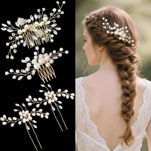 XFSRG 4 Piezas Peine para el Cabello de Novia Horquillas Pelo Boda de Diamantes de Imitación y Perlas Artificiales Tocado de Novia para Mujer Niña Damas de Honor (Dorado)