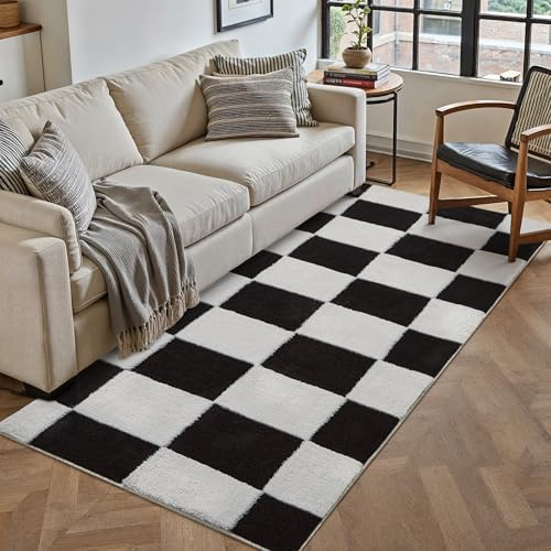 PureCozy Tapis de Couloir 60x180cm Antidérapant Lavable en Machine Carpet Chambre Adulte Long Rug Salle a Manger Bureau Poil Ras Rugs Moderne Noir Blanc Damiers Carpets