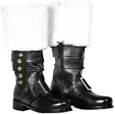 YUMALI Christmas Snow Boots with Metal Bell Renaissance Plush Shoe Mouth Leather Knight Boots for Cosplay Santa Claus (Black,44)