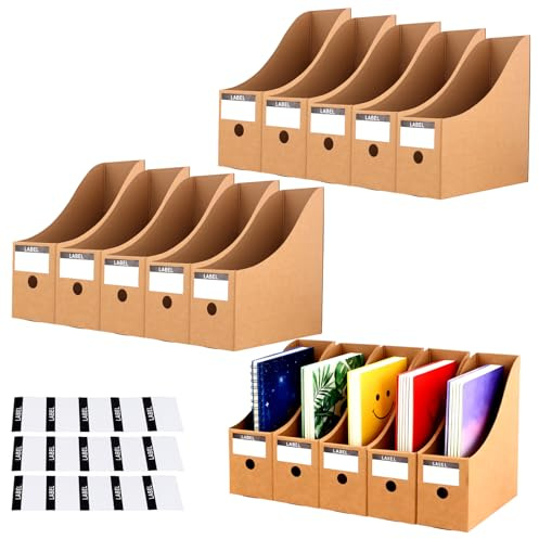 15 Pack Reinforced Kraft Magazine File Holder, Organiser with Label Slots | Vertical Space-Saving Desktop Storage for Office, Home Use, 26x27x9cm