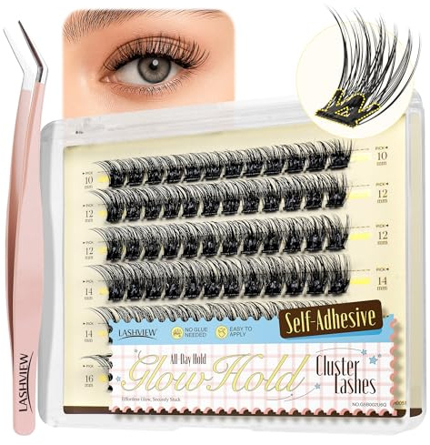 LASHVIEW Pre Glued Cluster Lashes Self Adhesive Eyelashes No Glue Needed 72Pcs D Curl Reusable Pre Glued Eyelashes Wispy Cluster Lashes Kit with Tweezers for Beginners (ZN23X)