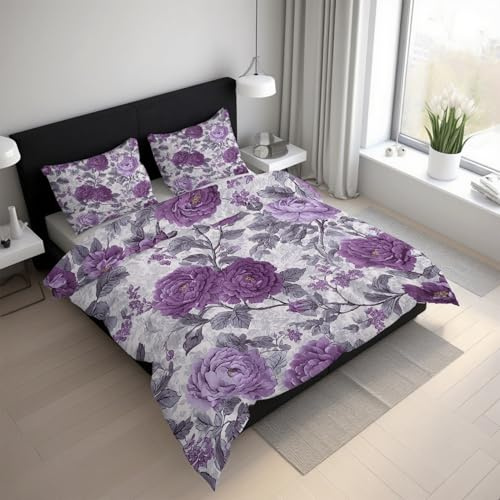 Generisch Bettwäsche Flowers 135x200, Microfaser Bügelfreie Floral Botanical Purple Bettbezug und 1 Kissenbezüge 80 x 80, Bettwäsche-Sets 2teilig mit Reißverschluss Oi80d