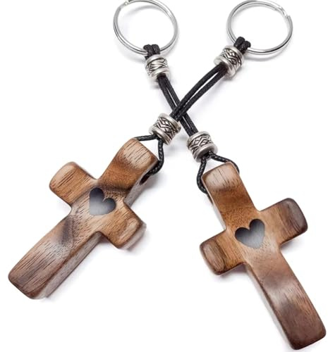Aboiledy 2 Stück Holzkreuze Schlüsselanhänger Aus Walnussholz, Geschnitzte Gebetsstücke, Jesus Kreuz Schlüsselanhänger in Herzform Aus, Stressabbau, Geschenk für Taufe Kommunion