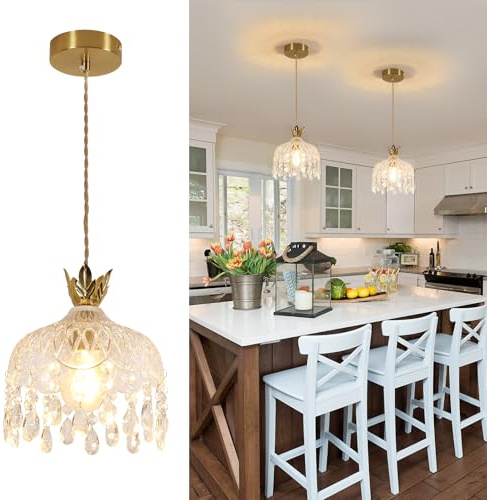 Comely Mini Lámpara de Techo de Cristal, Lámpara Colgante Dorada E27 | 150 CM Altura Ajustable Iluminación Colgante Interior para Dormitorio Comedor Cocina Restaurante