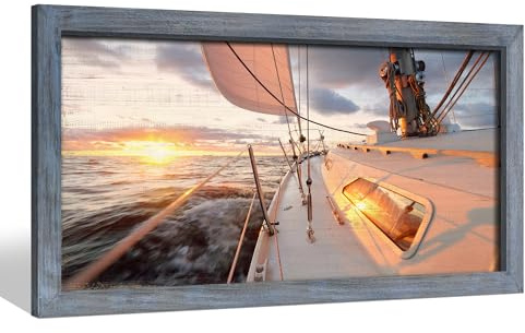 Wooden Sailboat Framed Wall Art: Nautical Ocean Sailing Picture Sunset Seascape Painting Coastal Sea Wave Prints Large Yacht Artwork for Bathroom Bedroom Living Room