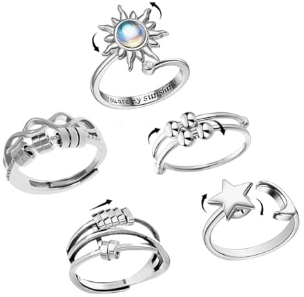 Zovator Anxiety Ring, Fidget Ring Set for Women, 5Pcs Spinner Ring Fidget Rings for Anxiety, Thai Silver Adjustable Rings, Mood Ring for Women Birthday Party Gifts