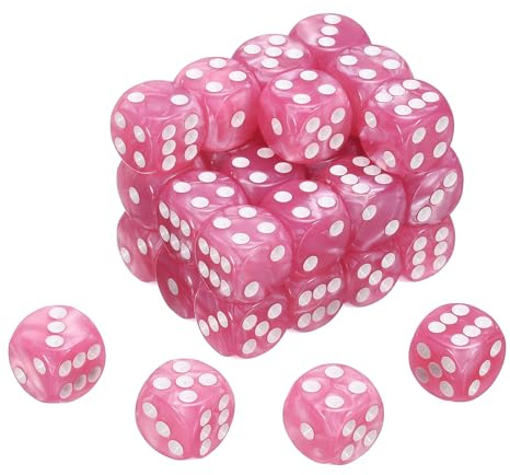 QUARKZMAN 36 st 6 sidor färgglada standardtärningar, 16 mm tärningar D6 mini polyhedral akryl pärlmönster för brädspel, rosa/vit prick