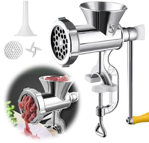 KBIBCK Manual Meat Grinder, Mincer Machine with Wooden Handle &Tabletop Clamp & Enema Tube, Sausage Maker for Home use, Aluminum Alloy Meat Mincers for Beef Mince Vegetables Noodles Pepper