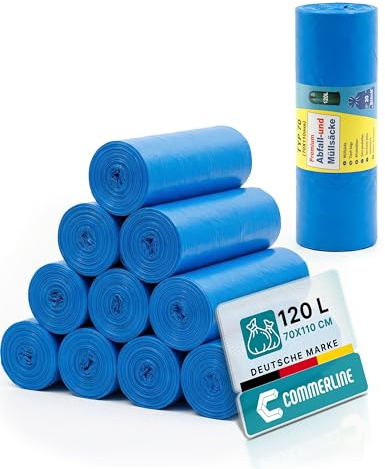 Commerline Müllsäcke 120 L, 5 Rollen, Müllbeutel, Mülltüten | Blau, 70 × 110 cm, reißfest, für Haushalt, Büro, Gewerbe, Gastronomie & Industrie, für den täglichen Gebrauch