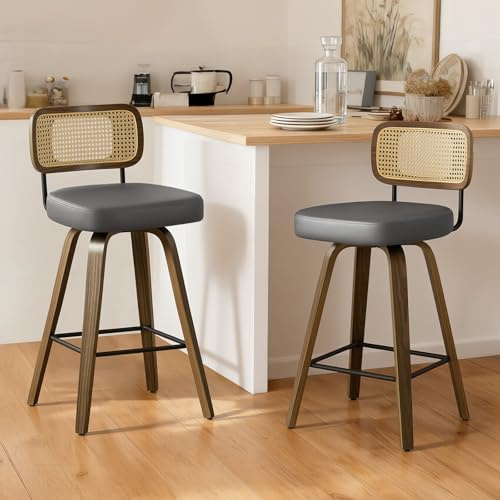 Bekrvio Barhocker 2er Set 74 cm Sitzhöhe, Barhocker Rattan mit Lehne, 360° drehbar, extra Dicker Sitz (7,1 cm), Barstuhl Holz mit 4 Beinen, für hohe Kücheninsel & Theke (101–109 cm) Grau
