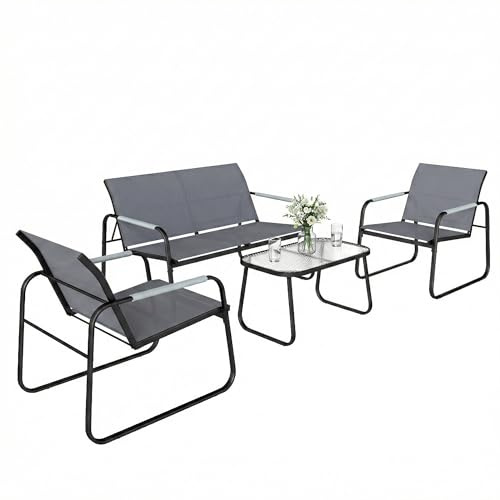 Outsunny Set Salotto da Giardino 4 Pezzi, Set di Mobili da Giardino in Texteline con Tavolo in Vetro Temperato, Divano 2 Posti, 2 Poltrone, Struttura in Acciaio, Salottino da Esterno Balcone, Grigio