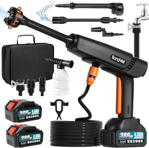 Bundviel Akku Hochdruckreiniger 21V(160Bar) Kompatibel mit Makita Akku,Bürstenloser Motor 294 L/H Druckreiniger mit 2x4Ah Akku, 6-in-1 & 180° Drehbare Düse,5M Schlauch für Autos/Gärten/Terassen