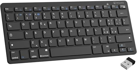 Atlantis Argo 900 Mini Clavier Ultra-Mince sans Fil RF + Bluetooth, QWERTY 78 Touches Chocolate Key, pour PC/Portable/Smartphone/Tablette/iOS/Android, Noir