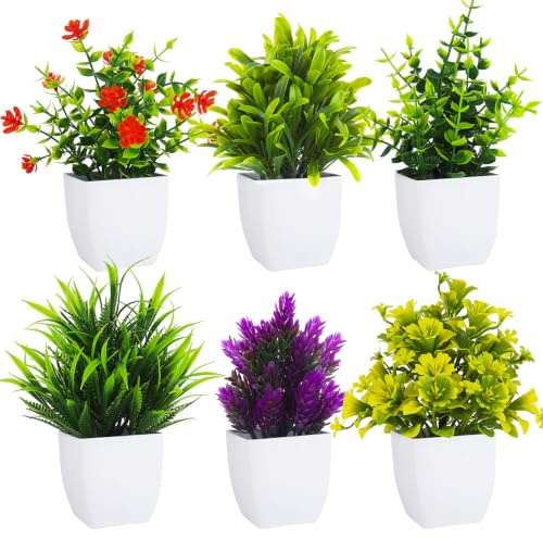 ADORAMOUR Artificial Small Potted Plants - 6pcs Decorative Faux Greenery with White Pots, Fake Eucalyptus & Purple Blooms for Home Office Desk, Bookshelf, Bathroom & Living Room Decor