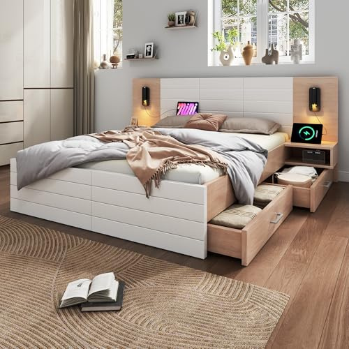 HUQIQWE Cama Matrimonio 160x200 cmEn Madera Y MDF con Cabecero Funcional, Somier De Lamas Y 2 Cajones Inferiores, Cama con Cajones para Dormitorio Principal