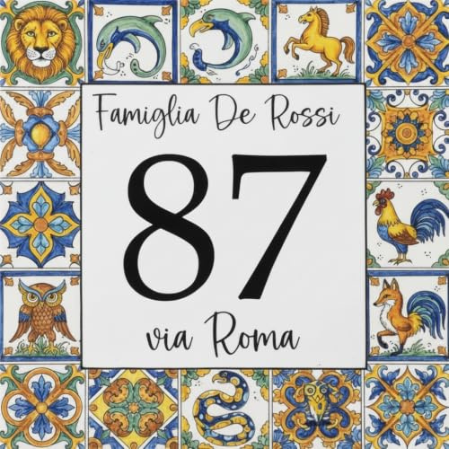 Numero Civico in Ceramica Personalizzabile, Targa Decorativa Per b&b Cin su Mattonella 11x11cm,Numeri Civici Esterno con Indirizzo e Nome Famiglia, Made in Italy, Stile Maiolica di Ravello