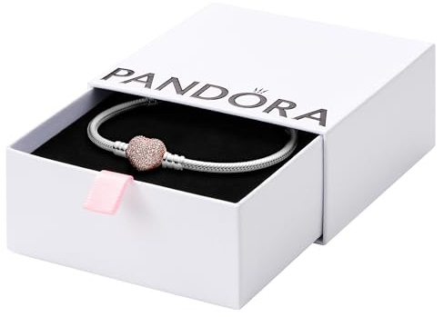 Pandora Icons Snake chain silver bracelet with 14k rose gold-plated heart clasp and clear cubic zirconia, 16