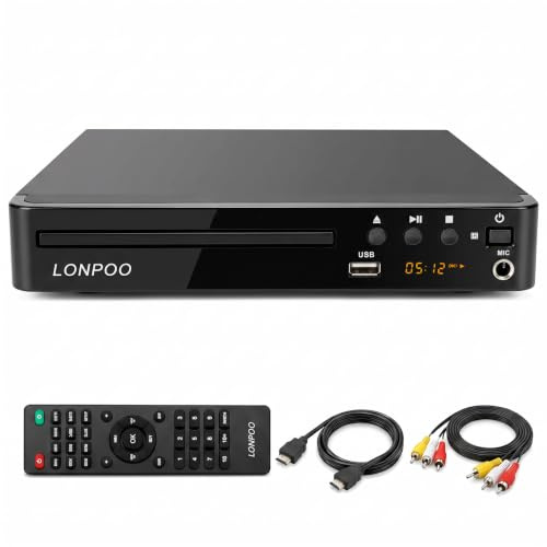 LONPOO - Lettore DVD compatto 1080p con porte HDMI e RCA e USB e microfono, senza multi-regioni, telecomando (HDMI + cavo RCA.