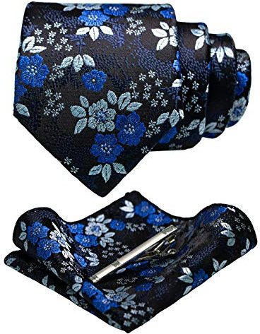 JEMYGINS Herren Blumen Krawatten und Einstecktuch Sets mit Krawattenklammer in verschiedenen Farben erhältlich,Schwarz Blau