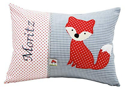 Glückspilz Namenskissen Babykissen I Fuchs (Rot Grau, 40 x 60 cm)