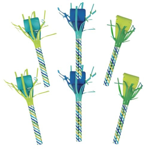 Blue & Green Dinosaur Fringed Foil & Paper Party Blowouts - 8.5 (Pack of 6) - Perfect for Kids' Birthdays, New Year & Themed Events