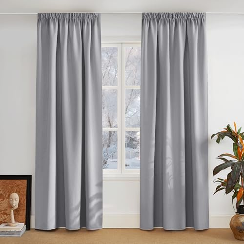 PONY DANCE Vorhang Blickdicht Kräuselband Extra Lange Gardinen und Vorhänge für Gardinenschiene 2er Set H 260 x B 140 cm Verdunklungsvorhänge Grau Gardine Wohnzimmer, Silbergrau