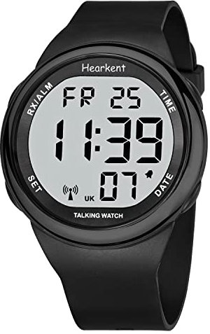Hearkent Atomic Talking Watch Multi Band si imposta per ipovedenti o anziani, numero grande facile da leggere per anziani, All Black, cinturino