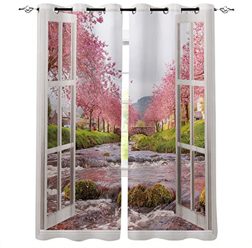 RFXSJY 3D Tende Oscuranti Termiche Paesaggio Rosa Davanzale Poliestere Hd Tende Oscuranti Moderna Moda Bambini Camera Letto Interni Finestre 2 Pannelli182Wx214H Cm
