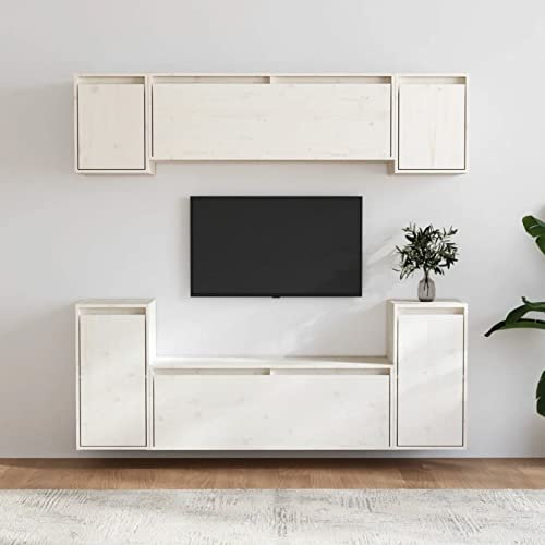 Tidyard 6 STK. Wohnwand Schrankwand Anbauwand Mediawand Hängevitrine Wandregal TV-Lowboard Massivholz Kiefer Weiß