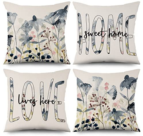 ASDCXZ Frühling Kissenbezug 40x40 cm 4er Set, Frisch Aquarell Blume Muster Blau Sofa Dekokissen Kissenbezüge Kissenhülle Waschbar Polyester Flachs Textil Outdoor Polster Kopfkissenbezug Kissen Bezug