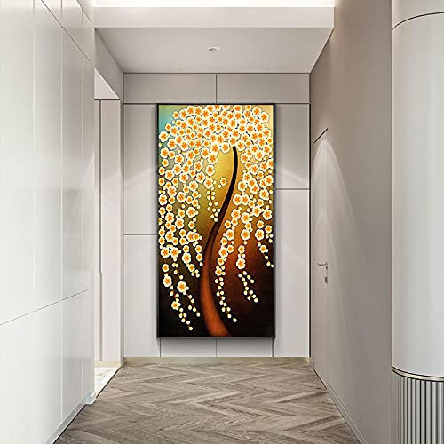Goldener Baum Gemälde Geldbaum Leinwand Gemälde Posterdruck Wandbild für Wohnzimmer Druck Kunst Malerei Wohnkultur 50x100cm(20x39inch) mit schwarzem Rahmen