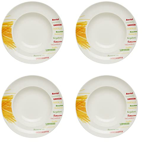 KHG 4er-Set Pastateller, groß mit 30 cm in Nudelsorten Print, Durchmesser | perfekt für Gastro und Zuhause, hochwertiges Porzellan, Suppenteller, Salatteller, spülmaschinengeeignet, praktisch