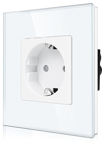 CNBINGO Enchufe individual de cristal empotrable en blanco – Enchufe Schuko simple con seguridad para niños – 16 Amp – Enchufe de pared con contacto de protección con marco de cristal