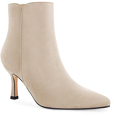Coutgo Women's Kitten Heel Booties Pointed Toe Low Stiletto Side Zipper Fall Short Ankle Boots Shoes, Beige, Size 8.5