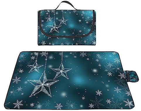 TengYuer Picknickdecke 180x200cm Stranddecke Wasserdicht Sandfrei Isoliert Faltbar Strandmatte mit Tragegriff Outdoor Campingdecke XXL für Camping Parks Strände Picknick Blau Weiß Schneeflocke